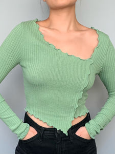 Asymmetrical Cropped Ribbed Long Sleeve Top